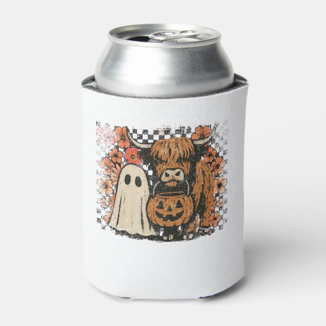 Cute Fall Highland Cow Ghost Halloween Can Cooler (Can Front)