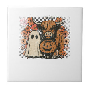 Cute Fall Highland Cow Ghost Halloween Ceramic Tile