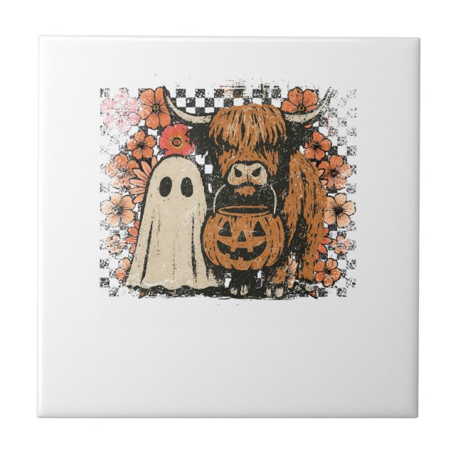 Cute Fall Highland Cow Ghost Halloween Ceramic Tile (Front)