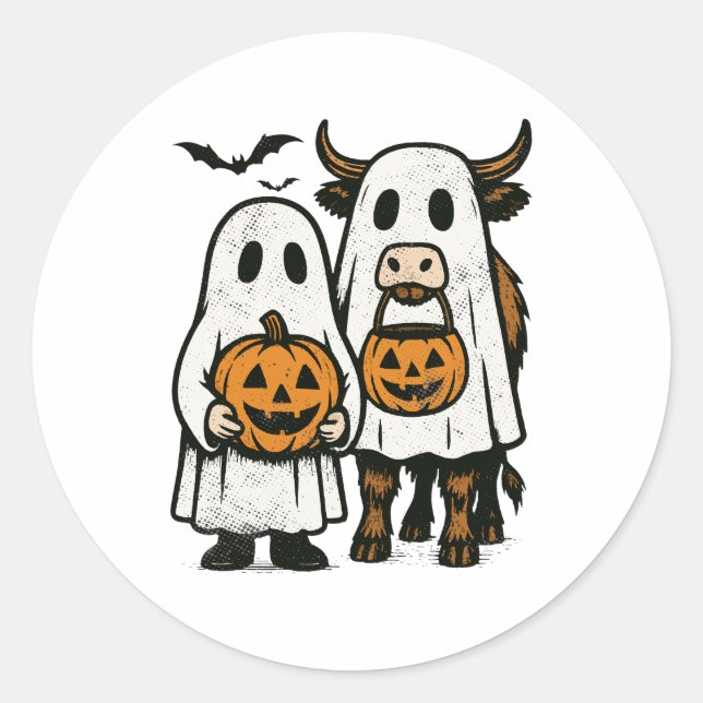 Cute Fall Highland Cow Ghost Halloween Classic Round Sticker (Front)
