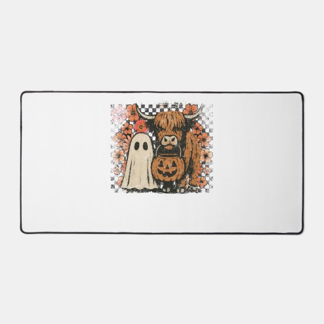 Cute Fall Highland Cow Ghost Halloween Desk Mat (Front)