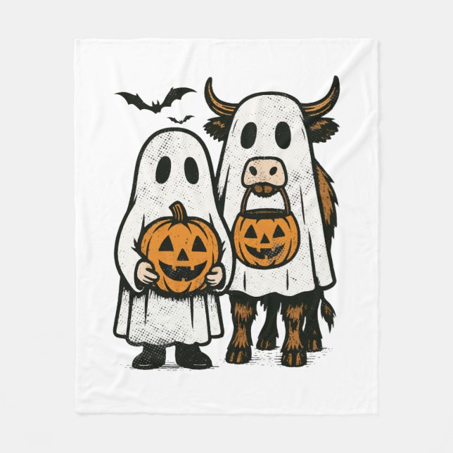 Cute Fall Highland Cow Ghost Halloween Fleece Blanket (Front)