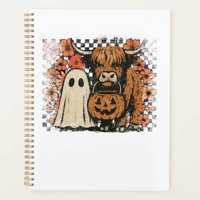 Cute Fall Highland Cow Ghost Halloween Planner (Front)