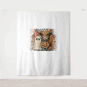 Cute Fall Highland Cow Ghost Halloween Tapestry