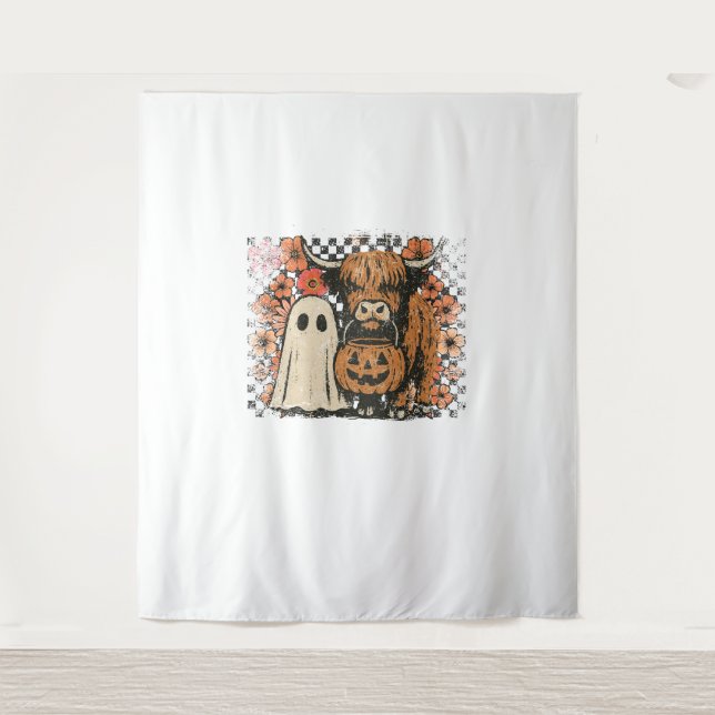 Cute Fall Highland Cow Ghost Halloween Tapestry (Front)