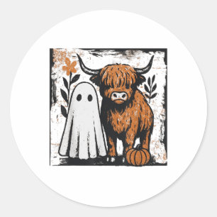 Cute Fall Highland Cow Ghost Spooky Season Funny _ Classic Round Sticker