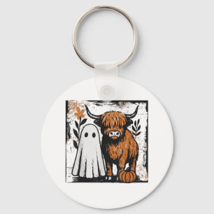Cute Fall Highland Cow Ghost Spooky Season Funny _ Key Ring