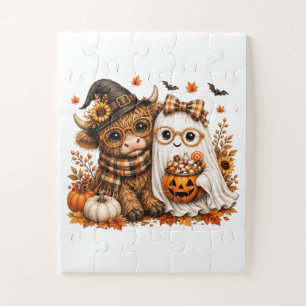 Cute Fall Highland Cow Spooky Ghost Autumn Pumpkin Jigsaw Puzzle