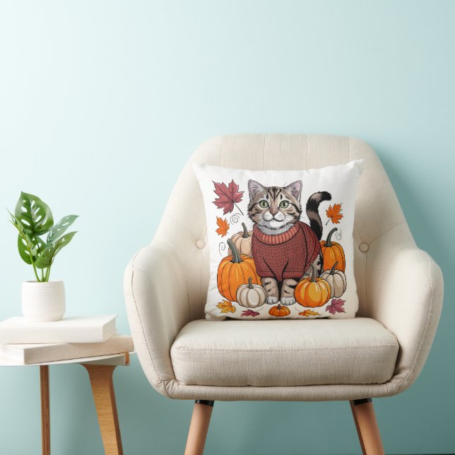 Cute Fall Kitten Sweater | Autumn Pumpkins Cat  Cushion (Chair)