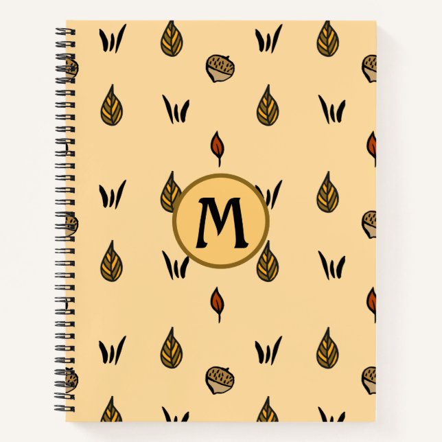 Cute Fall Leaves Acorns Pattern Custom Monogram Notebook (Front)