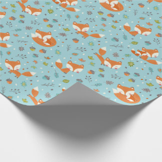 Cute Fall Mama and baby fox on blue Wrapping Paper