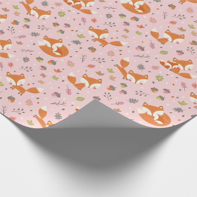 Cute Fall Mama and baby fox on light pink Wrapping Paper (Corner)
