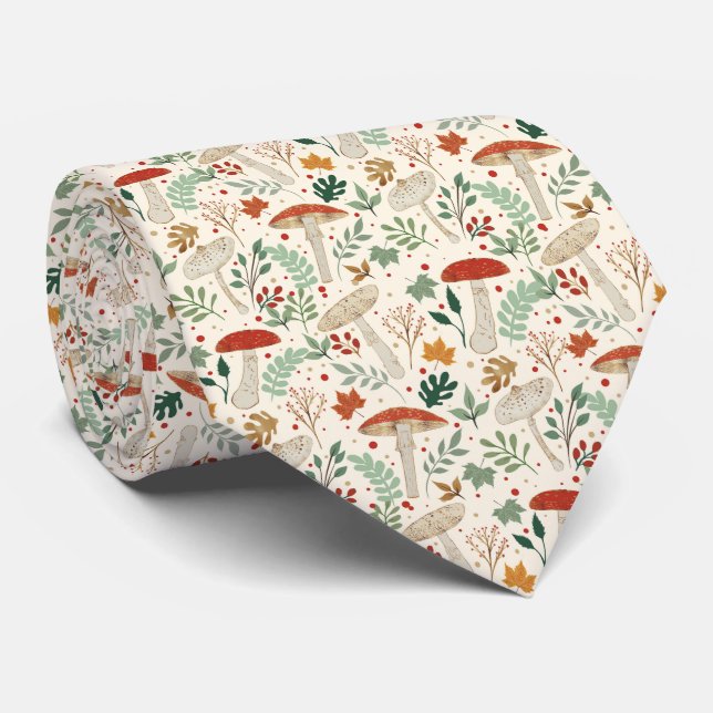 Cute Fall Mushrooms and Leaves Illustration Tie (Rolled)