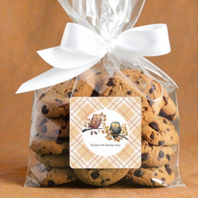 Cute Fall Owl & Squirrel Boy Birthday Square Sticker (Creator Uploaded)