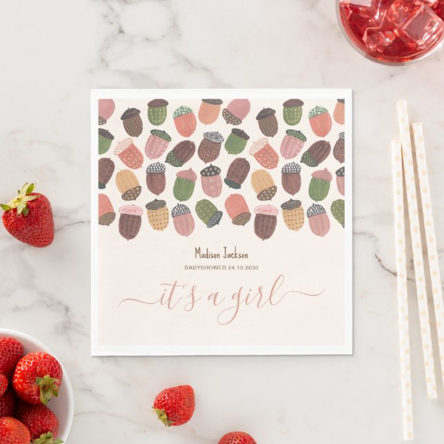 Cute Fall Pink Acorns girl Baby Shower Party Napkin (Insitu)