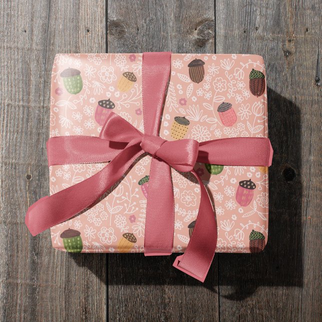 Cute Fall Pink Autumn Acorn Wrapping Paper (Cute Fall Pink Autumn Acorn Wrapping Paper)