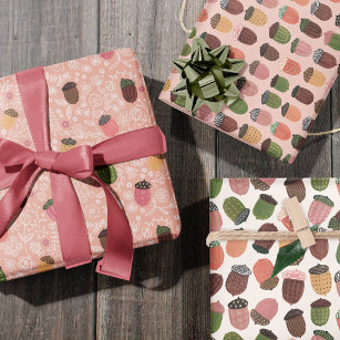 Cute Fall Pink Autumn Acorn Wrapping Paper Sheet