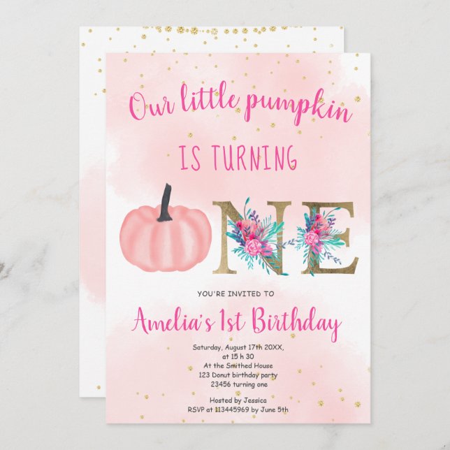 Cute fall Pink gold little pumpkin 1st birthday Invitation (Front/Back)