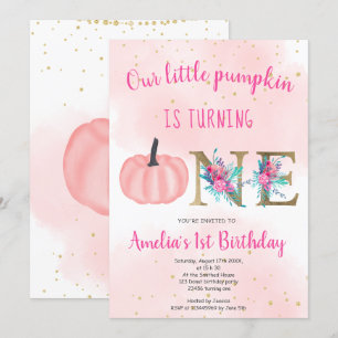 Cute fall Pink gold little pumpkin 1st birthday Invitation
