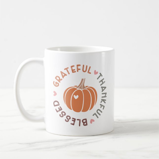 Cute Fall Pumpkin Grateful Thankful Blessed Quote Coffee Mug (Left)