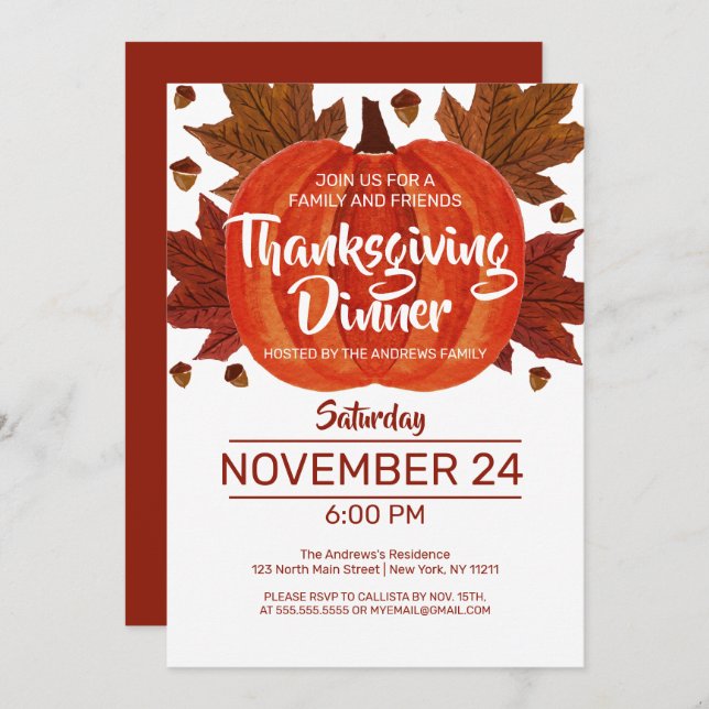 Cute Fall Pumpkin Leaves Watercolor Thanksgiving Invitation (Front/Back)