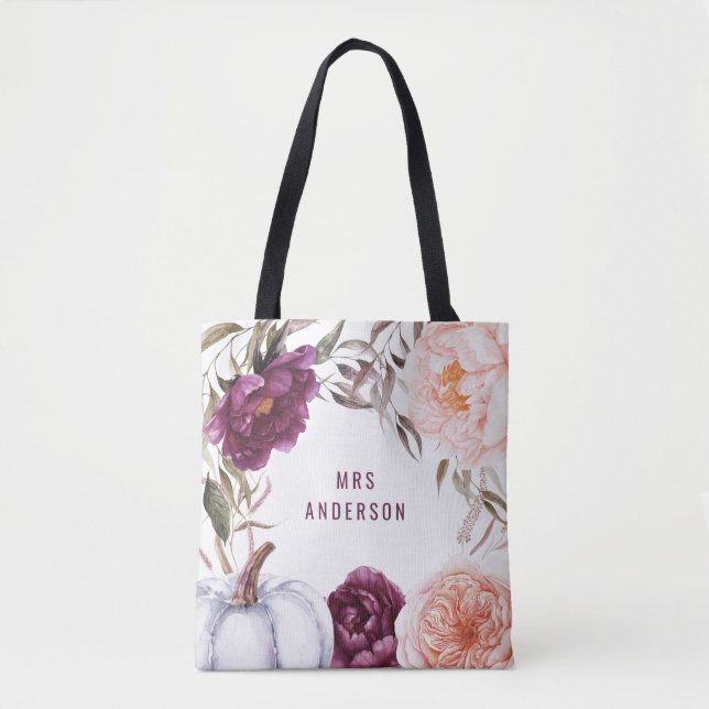 cute fall purple pink floral elegant personalised tote bag (Front)