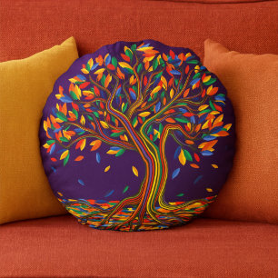 Cute Fall Rainbow Tree Purple Autumn Thanksgiving Round Cushion