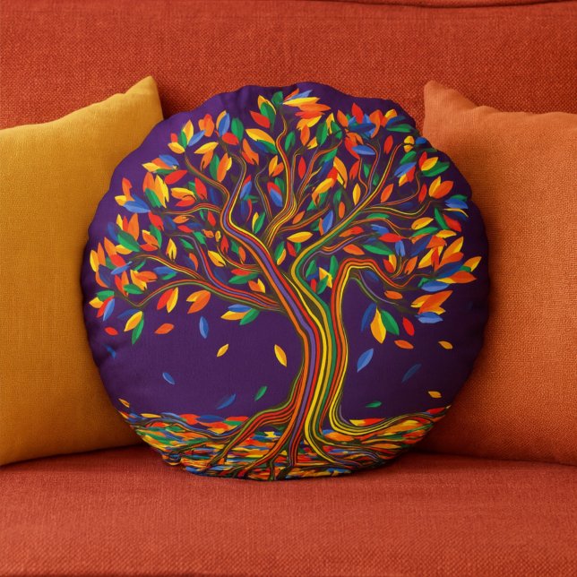 Cute Fall Rainbow Tree Purple Autumn Thanksgiving Round Cushion (Creator Uploaded)