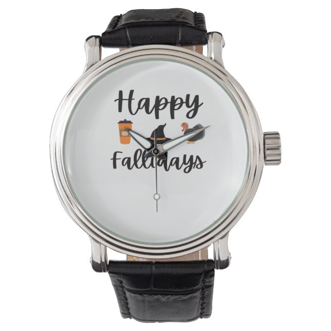 Cute Fall season Happy Fallidays Thanksgiving Hall Watch (Front)