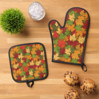 Cute Fall Seasonal leaf pattern kitchen Oven Mitt & Pot Holder Set