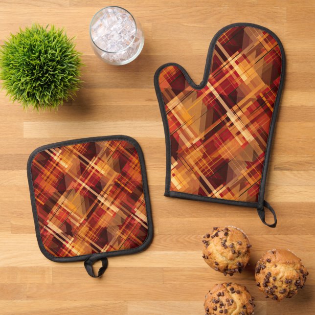 Cute Fall Seasonal plaid kitchen  Oven Mitt & Pot Holder Set (Top Down)