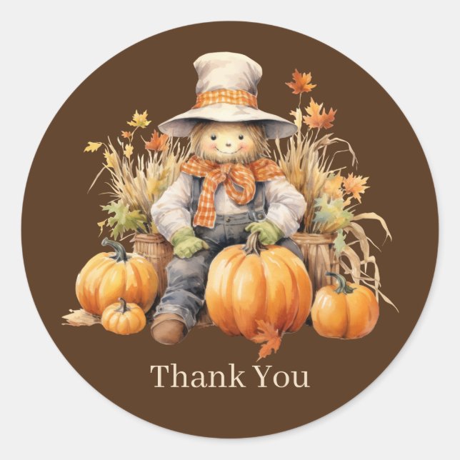 Cute Fall Seasonal scarecrow add text pumpkin Classic Round Sticker (Front)