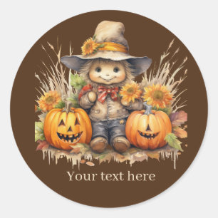 Cute Fall Seasonal scarecrow add text pumpkin  Classic Round Sticker