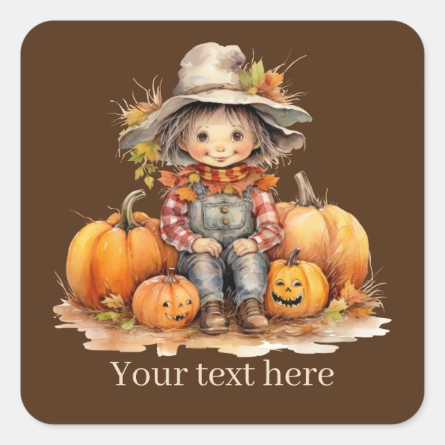 Cute Fall Seasonal scarecrow add text pumpkin Square Sticker (Front)