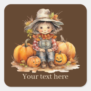 Cute Fall Seasonal scarecrow add text pumpkin Square Sticker