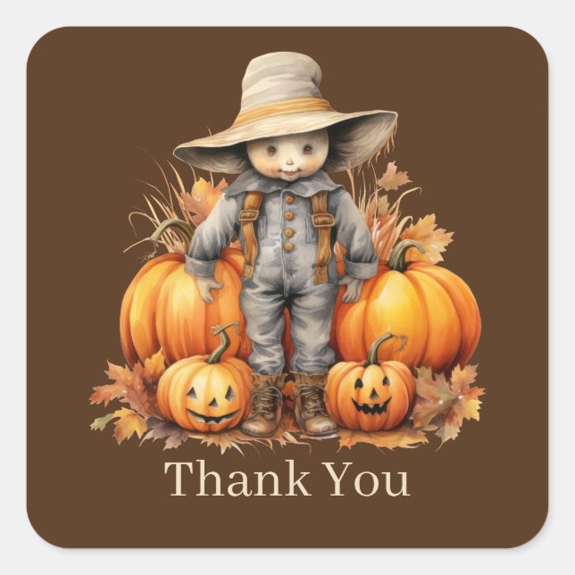 Cute Fall Seasonal scarecrow add text pumpkin  Square Sticker (Front)