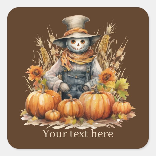 Cute Fall Seasonal scarecrow add text pumpkin  Square Sticker (Front)