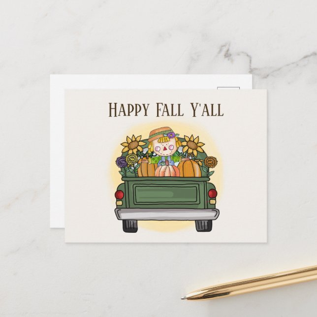 cute Fall Seasonal scarecrow truck add text  Postcard (Front/Back In Situ)
