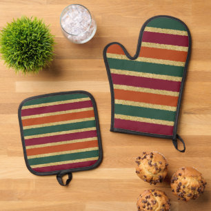 Cute Fall Seasonal stripe pattern kitchen Oven Mitt & Pot Holder Set