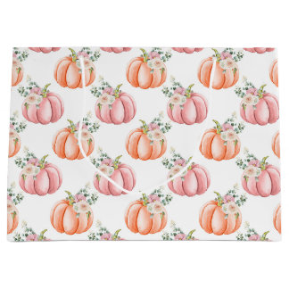 Cute Fall Soft Pink and Orange Floral Pumpkin Large Gift Bag