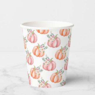 Cute Fall Soft Pink and Orange Floral Pumpkin Paper Cups
