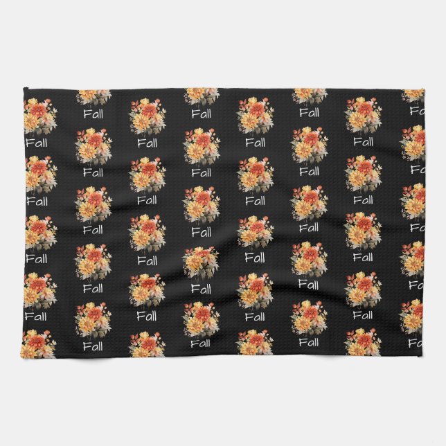 Cute Fall Themed Pattern | Floral Fall Black       Tea Towel (Horizontal)