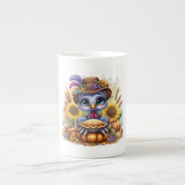 Cute Fall Turkey Bone China Mug (Front)