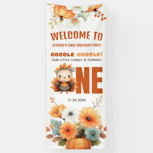 Cute Fall Turkey Thanksgiving 1st Birthday Welcome Banner