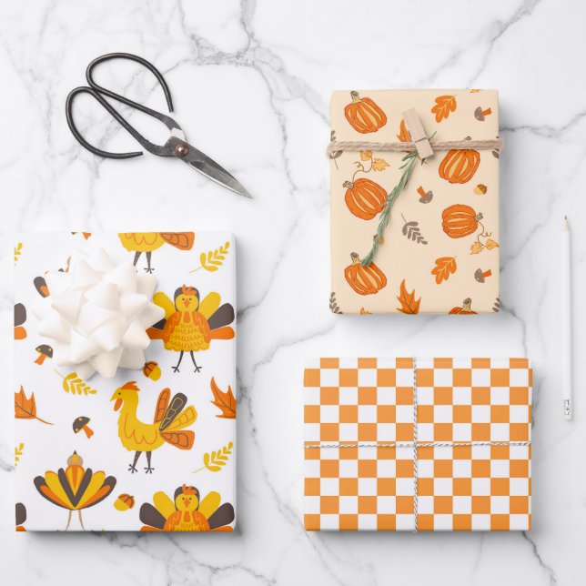 Cute Fall Turkeys and Pumpkins  Wrapping Paper Sheet (Front)