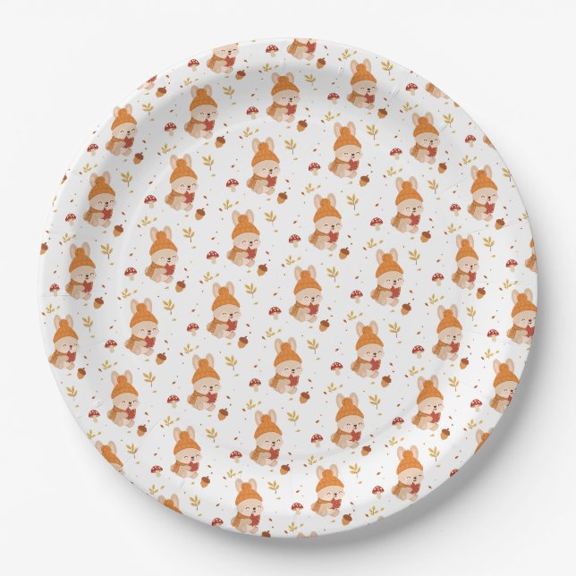 Cute Fall Whimsical Bunny Watercolour Paper Plate (Front)