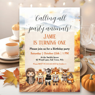 Cute Fall Woodland Animals 1st Birthday Invitation