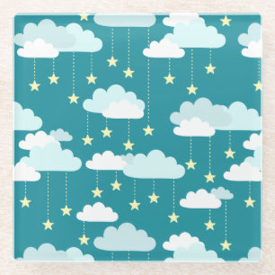 Cute Falling Stars & Clouds Pattern Glass Coaster
