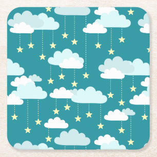 Cute Falling Stars & Clouds Pattern Square Paper Coaster