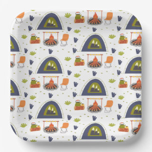 Cute family camping bonfire & tent grass square paper plate